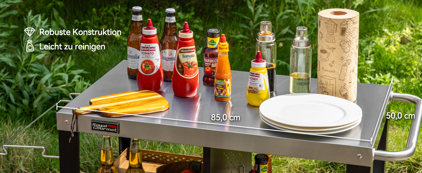 Роял Гормет: Робоча поверхня для гриля 85x50 см з нержавіючої сталі, візок на 3 яруси для гриля та піци, з ручками, тримачем для сміття та полицями для зберігання, легко миється та мобільний