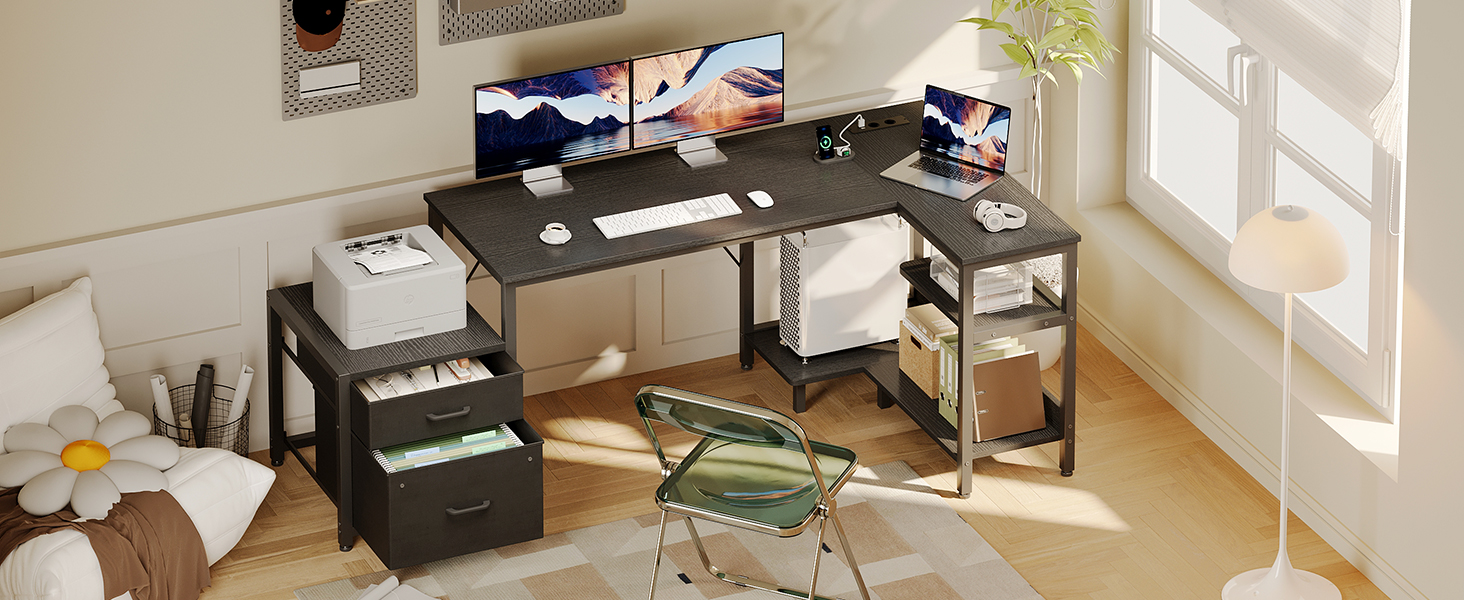 Комп'ютерний стіл Coleshome L-подібний з ящиками, розеткою, 160x80 см, білий (чорний)