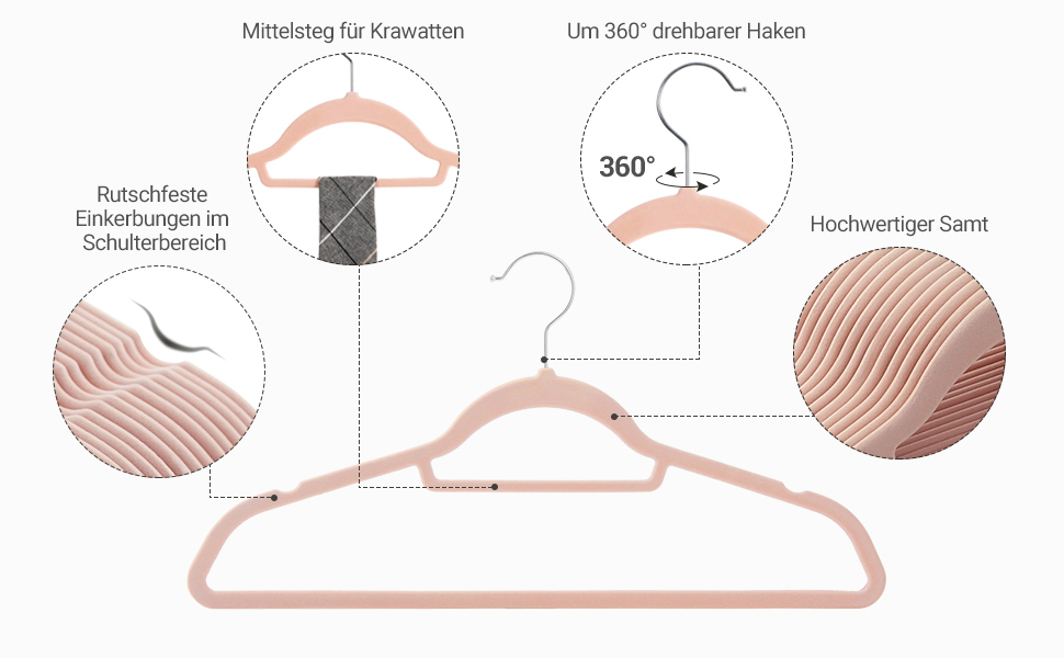 Оксамитова вішалка SONGMIC з 100 предметів, набір вішалок з нековзною поверхнею, компактна вішалка для костюмів, з металевим гачком, що повертається на 360 , CRF100VX (світло-рожевий)