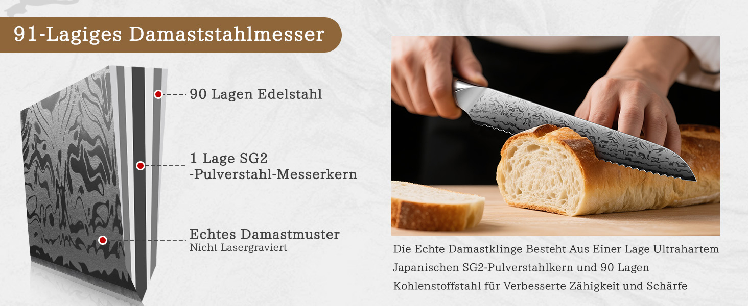 SHAN ZU Ніж кухарський Дамаск 20 см, професійний ніж з японської сталі SG2, ручка з акації, серія WHITE TIGER