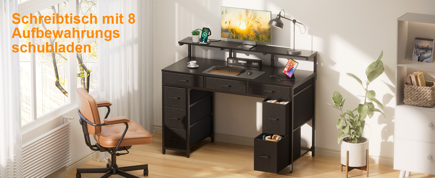 Комп'ютерний стіл з 8 висувними ящиками, 2 розетками, 2 USB-портами, LED-підсвічуванням та підставкою для монітора, 120 x 50 x 74 см (Чорний)