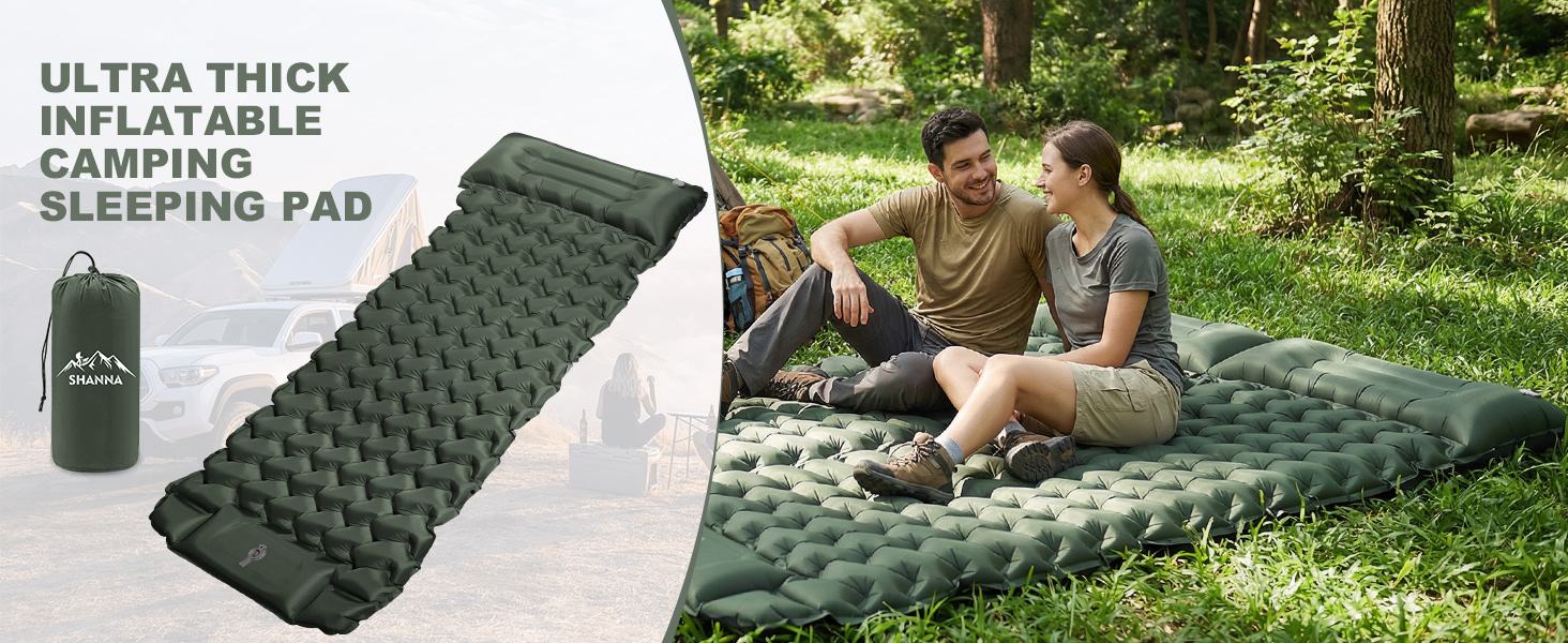 Кемпінговий надувний килимок SHANNA Outdoor: потовщений (12 см), ультралегкий матрац для походу та кемпінгу з вбудованим ножним насосом, армійський зелений