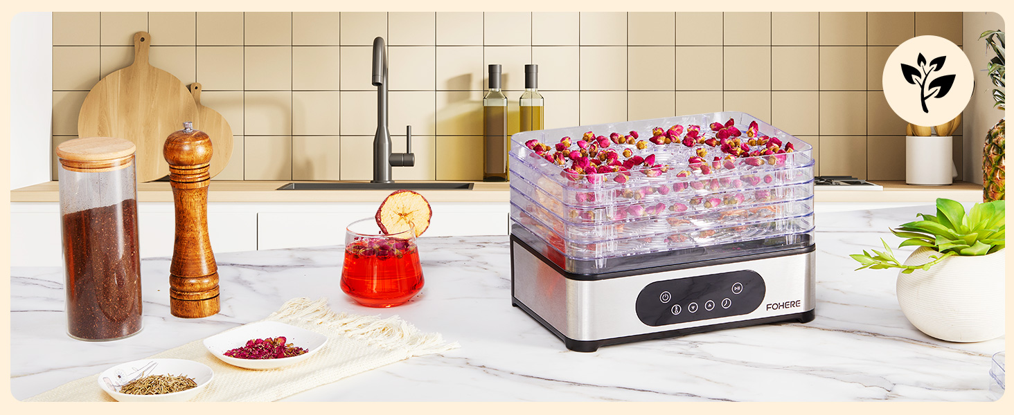 Електрична сушарка для продуктів FOHERE з нержавіючої сталі, 5 ящиків, LED-дисплей, 420W, 35-70°C, таймер 48h, для їжі, грибів, фруктів, м'яса, риби, овочів, без BPA