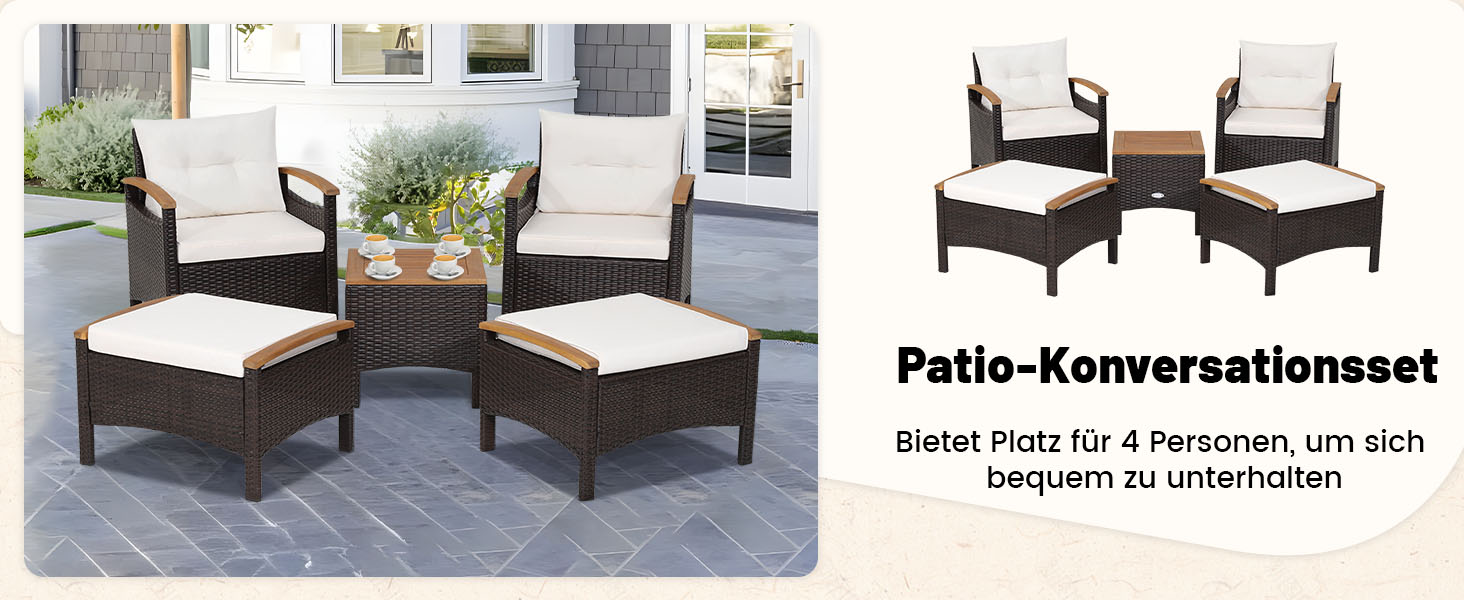 Набір садових меблів GIANTEX 5 предметів: 2 крісла, 2 пуфи та столик - ротанг, кремово-білий колір, для саду та балкону