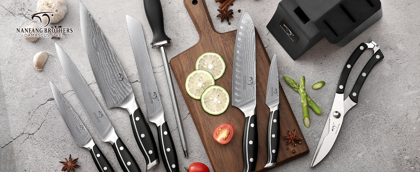 Набір кухонних ножів NANFANG BROTHERS 9 предметів з дамаської сталі, з дерев'яним блоком, нержавіюча сталь, сірий