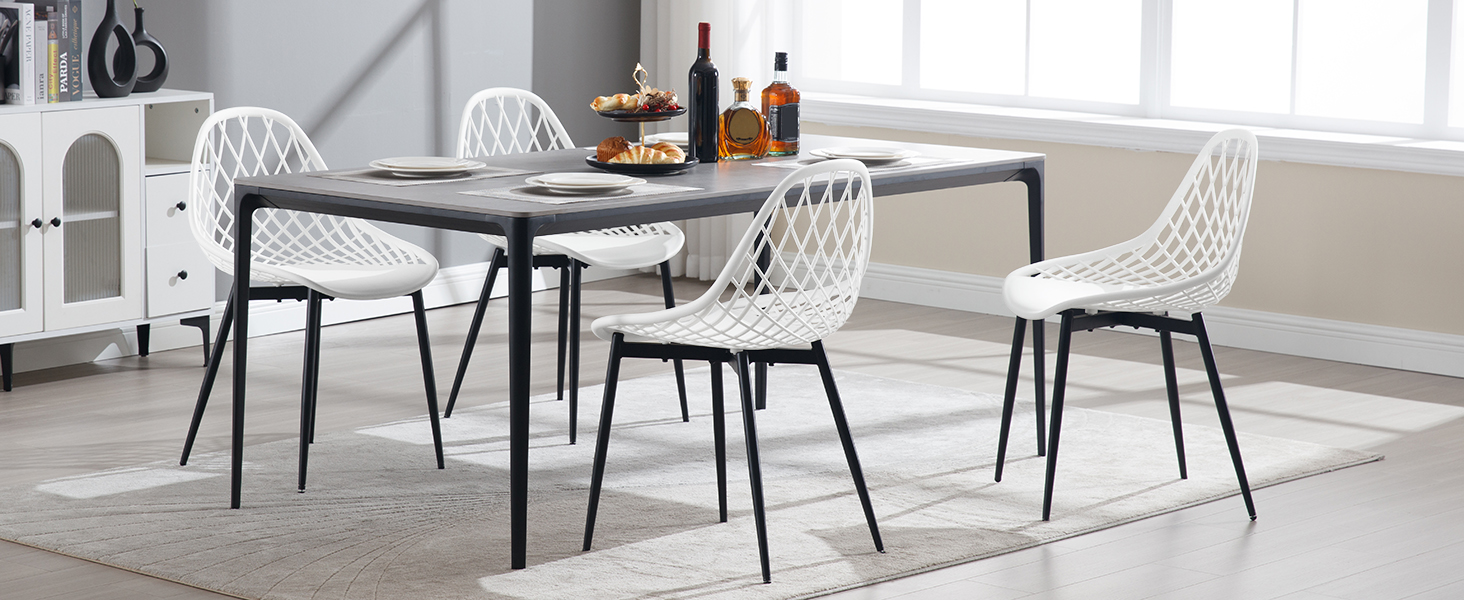 Набір обідніх стільців 4 шт., кухонний стілець з перфорованою спинкою, стілець для вітальні з металевими ніжками, пластиковий стілець для кухні, вітальні, балкону, скандинавський, білий, K0018EZS-4