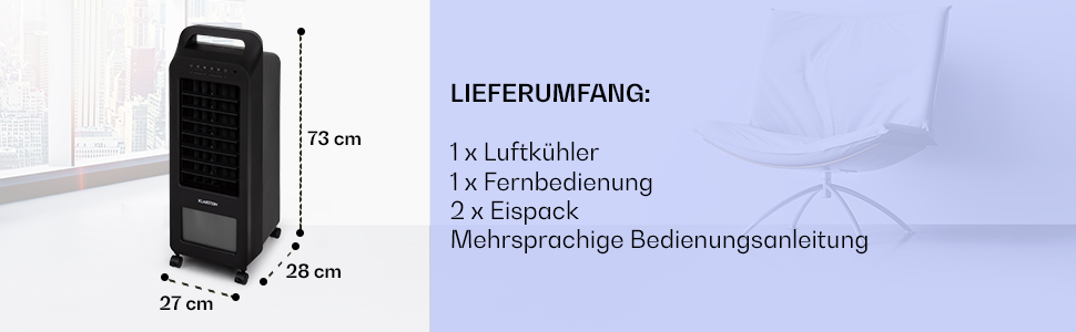 Мобільний охолоджувач повітря Klarstein, охолоджувач повітря 4-в-1, тихий вентилятор, зволожувач повітря та нічний режим, кондиціонер без шланга для відпрацьованого повітря, мобільний кондиціонер з водяним охолодженням, 45 Вт, потік повітря 132 м/год, чорний