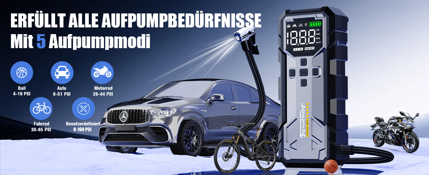 Powerbank Starthilfe 7000A з компресором та LED-ліхтариком: 160PSI, 12V для бензинових та дизельних авто (10L)