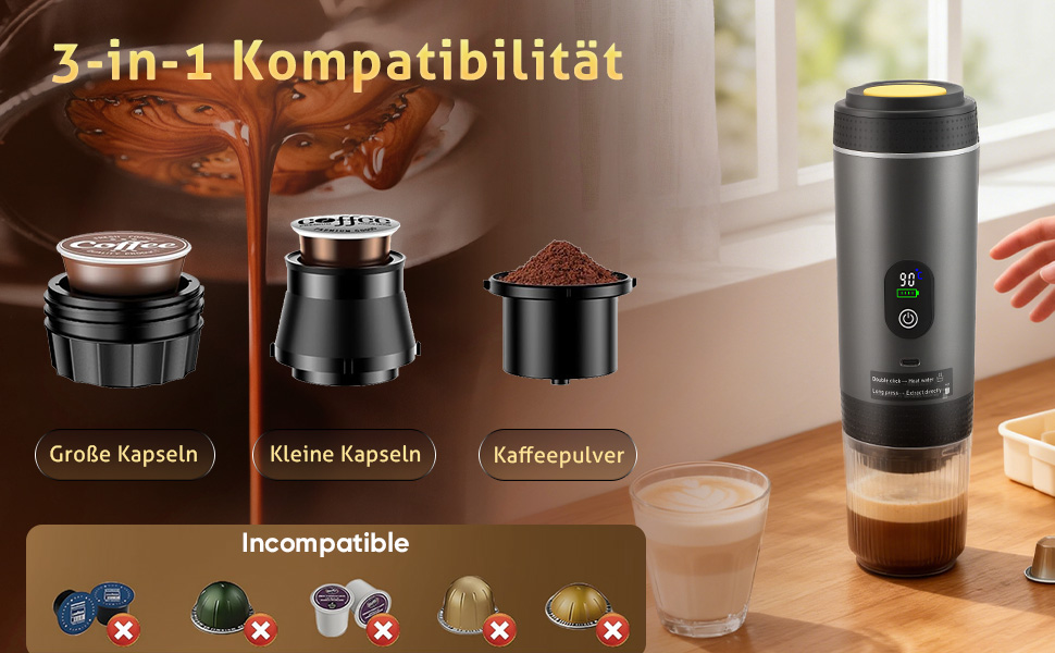 Hoyiyobi Міні кавомашина на акумуляторі, портативна еспресо-машина, 3-в-1 для дому, офісу та подорожей