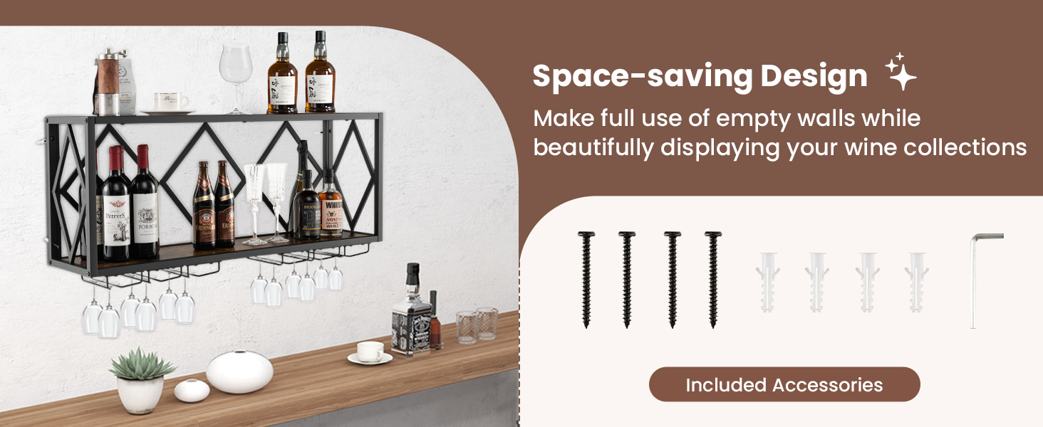 Стильна полиця для вина Komfotteu на стіну, дерев'яна з металевим каркасом, з тримачем для келихів, 60 x 20 x 55 см