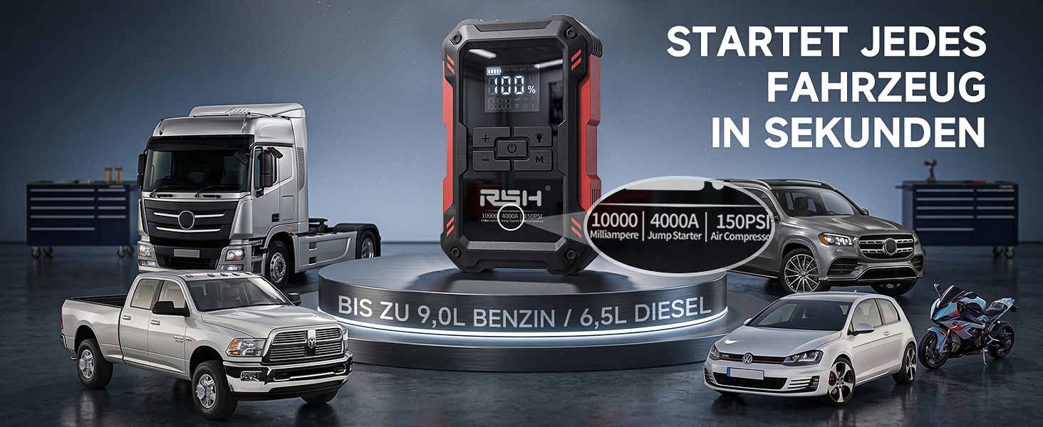 Пусковий пристрій RSH 4000A Jump Starter з компресором 150 PSI, бустер для авто 12V (бензин до 9.0L, дизель до 6.5L), Powerbank 10000 mAh та LED-ліхтарем, 4-в-1