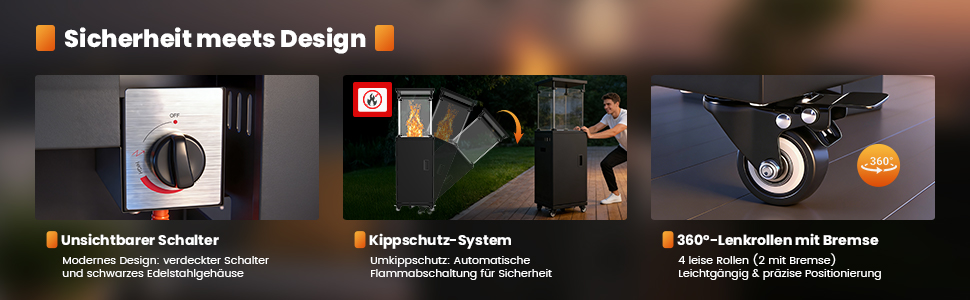 Газовий обігрівач Sweetcrispy для тераси 11 кВт, чорний. Модель для вулиці, з поворотним підставою та захистом від перекидання. Газовий нагрівач для саду та відпочинку на відкритому повітрі. Працює на пропані/бутані. (Газовий балон не входить у комплект)