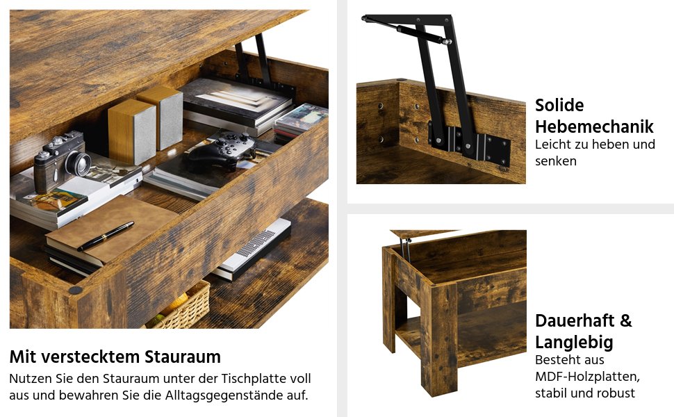 Журнальний столик Yaheetech з регульованою висотою та прихованим місцем для зберігання, колір: іржавий коричневий (120 x 59 x (49,5-63,5) см)