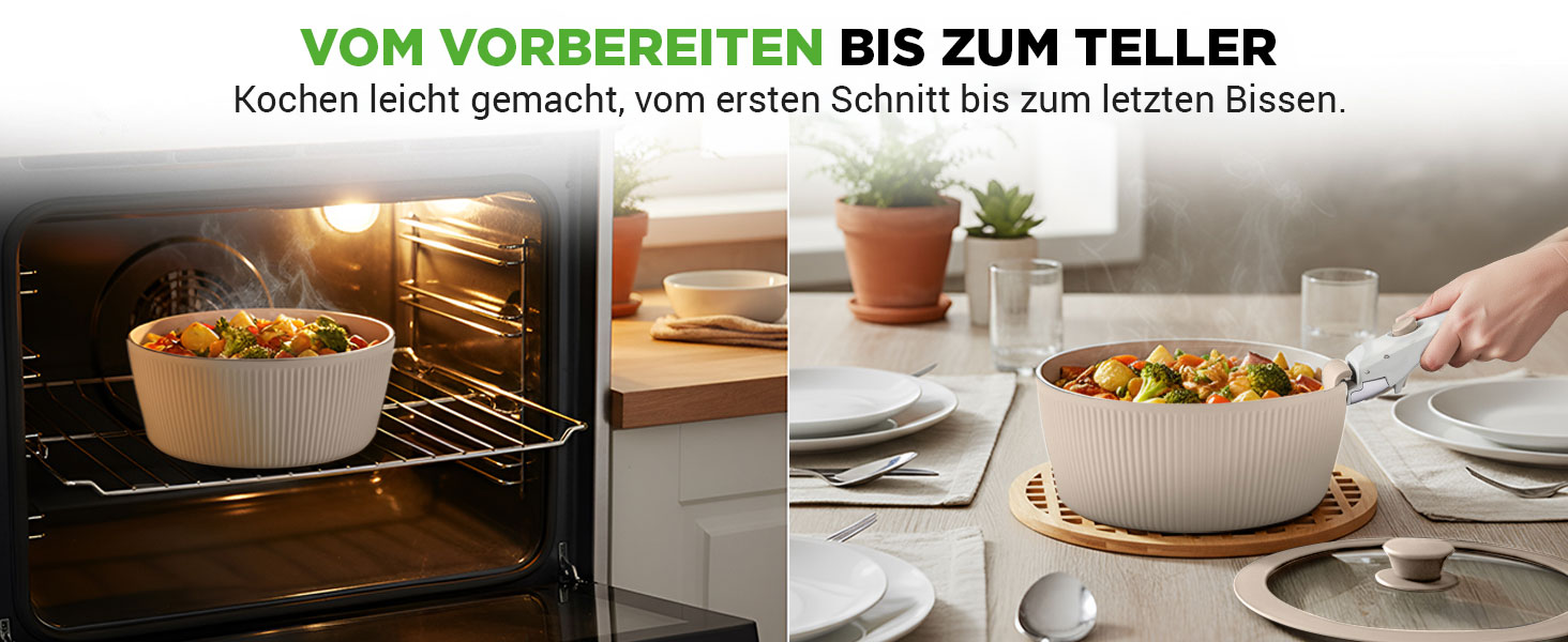 Набір посуду NutriChef 18 частин з кераміки кремового кольору з знімними ручками. Підходить для індукційних плит, всіх типів плит, духовок. Антипригарне покриття, компактний, можна складати.