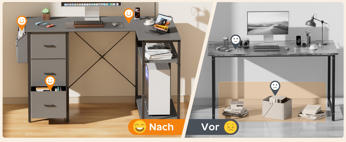 Комп'ютерний стіл HLONONE L-подібний з 3 ящиками для тканини, з полицями та бічною кишеню, для офісу, геймінгу та дому, білий (120 x 80 см, сірий)