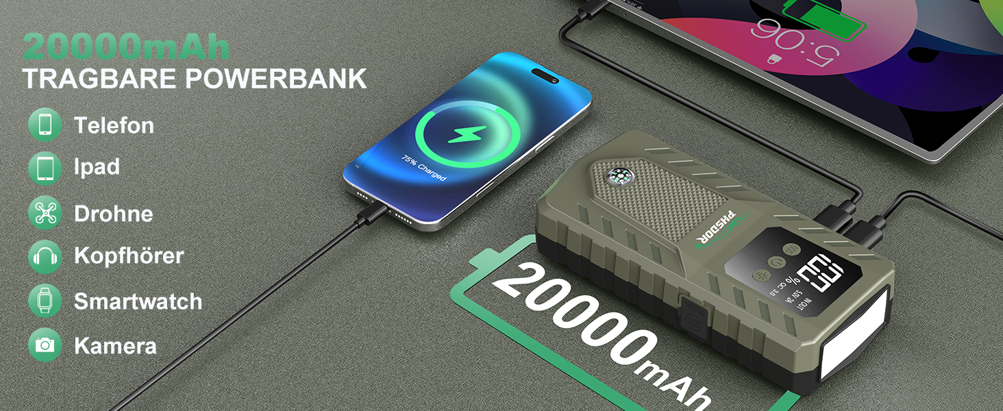 Бустер акумулятора 12V 6000A Jump Starter Powerbank 20000mAh для авто (бензин до 10.0L, дизель до 8.0L) з LED ліхтарем