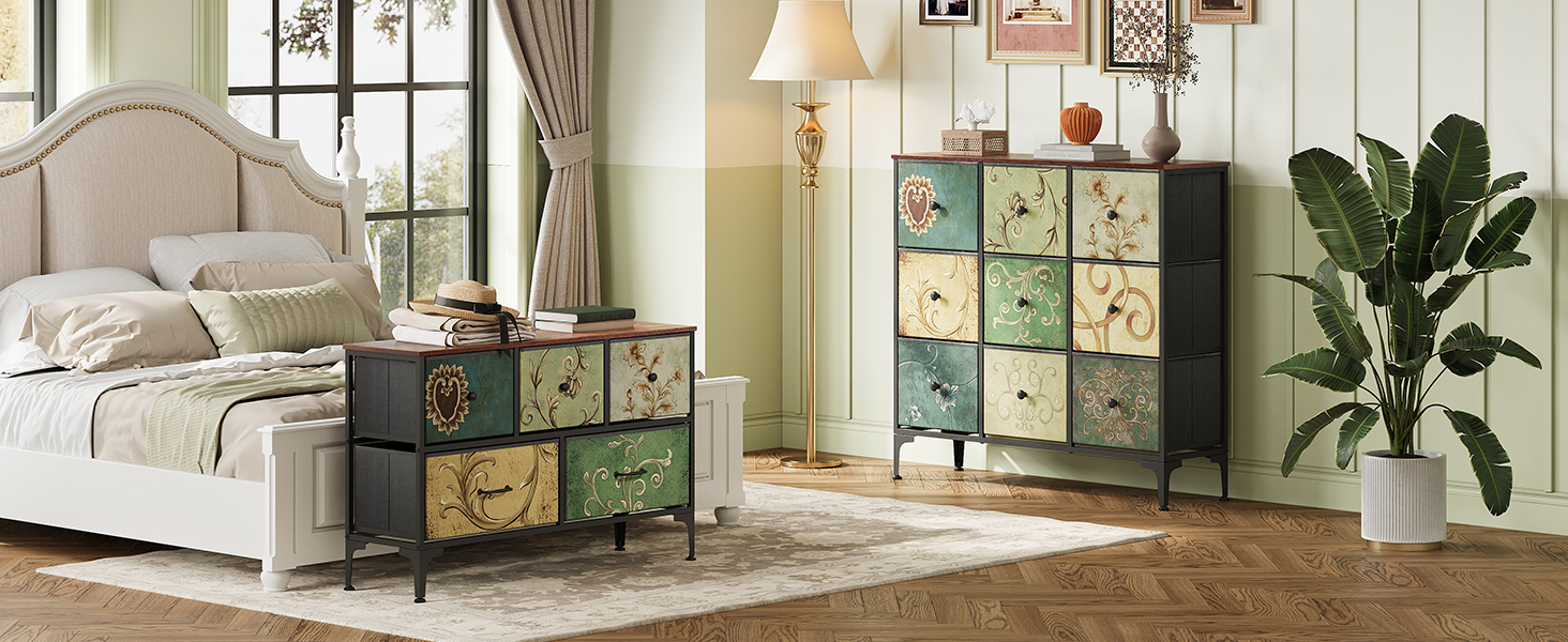 Комод WLIVE з 5 висувними ящиками з тканини, шафа для спальні, комод у вітальню, зі сталевим каркасом, богемний стиль, 29.8T x 100B x 63.7H см (5 ящиків), зелений