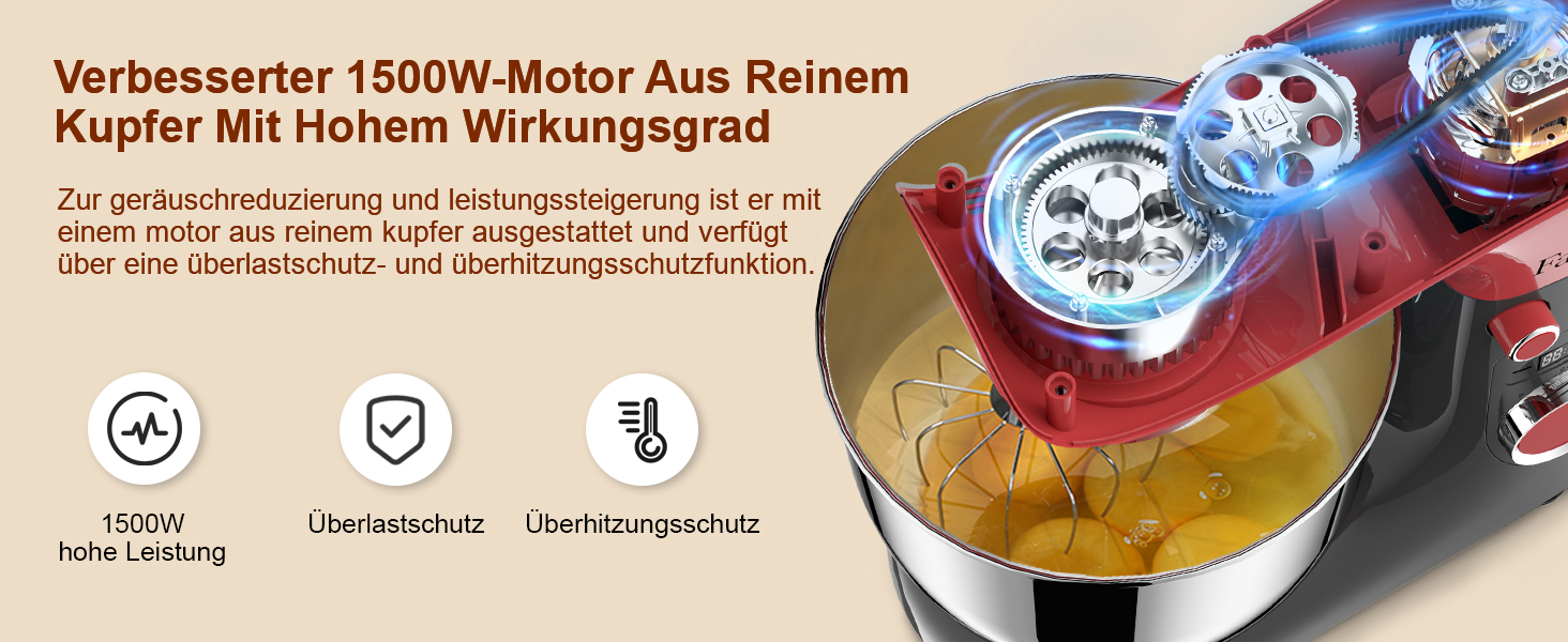 Кухонна машина-міксер Facelle 1500W з чашею 5.5L/4.5L, 10+ програм, тиха робота, з набором насадок (червоно-сірий)