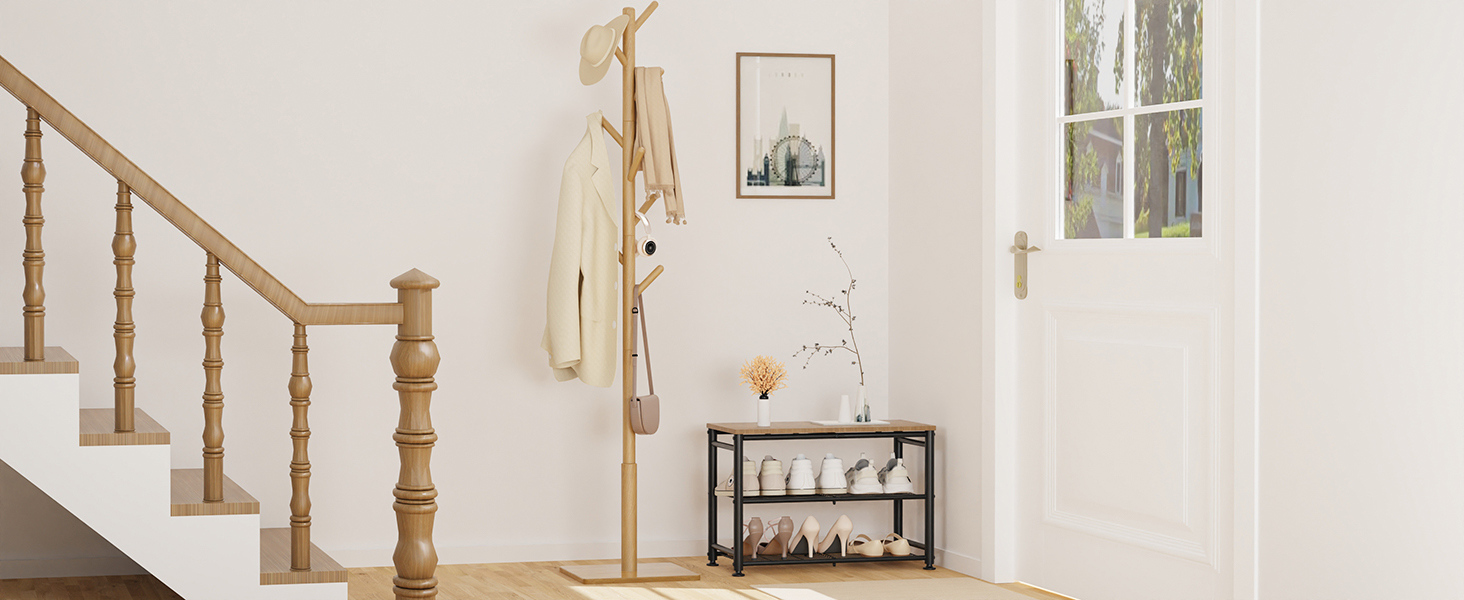 Дерев'яний вішак для одягу з 8 гачками, 30x30x180 см, регульована висота, для прихожої/вітальні