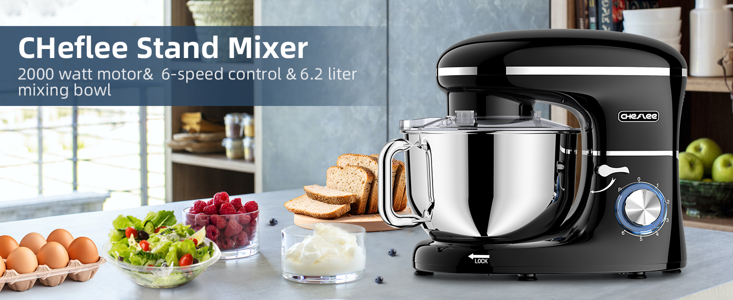Кухонна машина Cheflee 2000W з чашею 6.2L з нержавіючої сталі, 6 швидкостей, низький шум, міксер, гак для тіста, захист від бризок, чорна