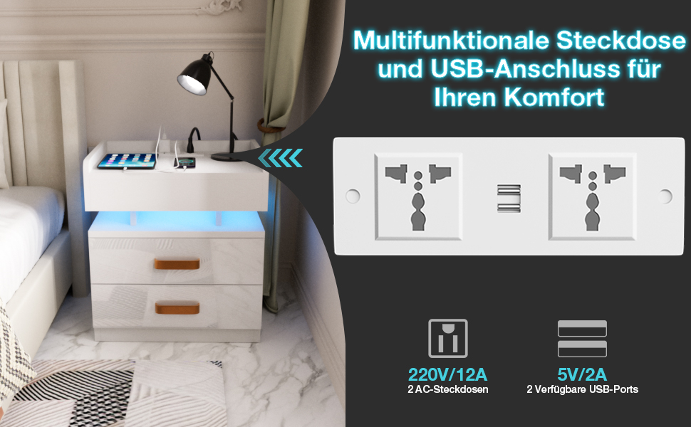 Тумбочка Lvhecforhm чорна з USB, LED і 3 шухляди, глянцевий, K-білий