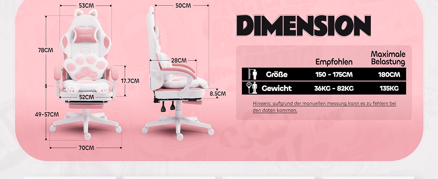 Ігровий крісло MEENICE Pink Katze з підголовником у вигляді лапки кота та вушками, з підніжкою, ергономічний ПК стілець для дітей та дорослих, рожево-білий, 200 кг