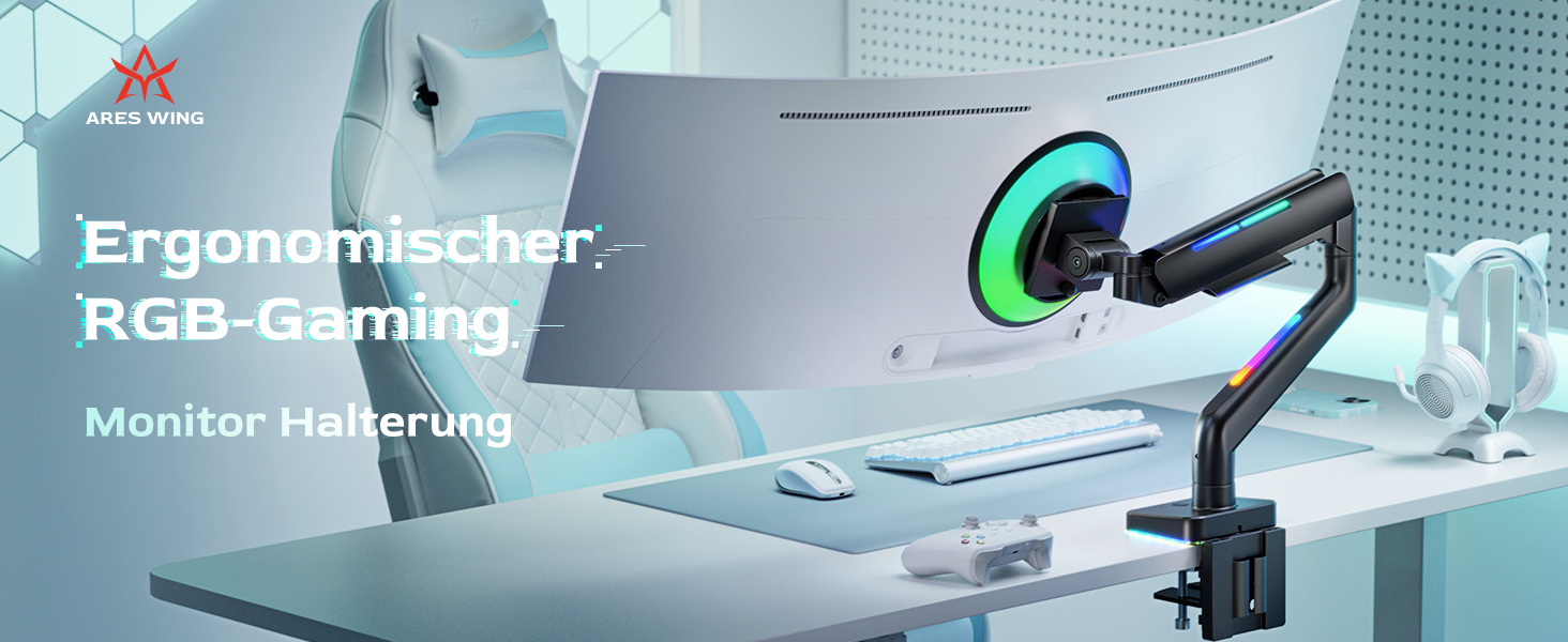 Кріплення для монітора ARES WING Ergonomic RGB, 17-49 дюймів, регульоване по висоті, поворотне, нахилене, RGB LED (білий/чорний)