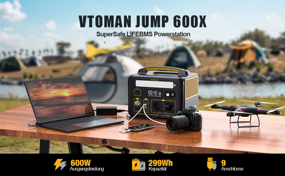 Електростанція VTOMAN Jump 600X 600 Вт - батарея LiFePO4 сонячного генератора 299 Втгод з 2 виходами змінного струму, з можливістю розширення