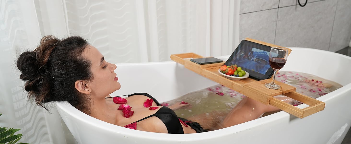 Підставка для ванни Utoplike з бамбука, регульована, органайзер для ванни з тримачем для книги, планшета, келиха, чашки, рушника (натуральний колір, 50.2 x 16 x 4.2 см)