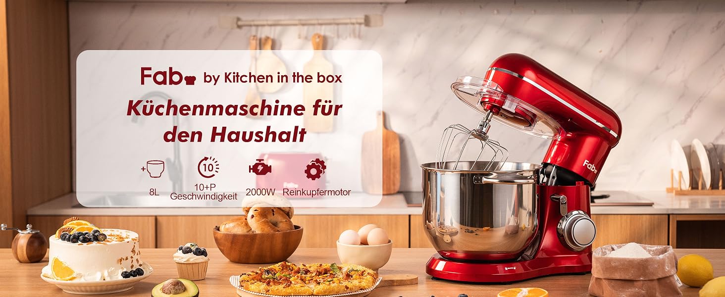 Кухонна машина Kitchen in the box Fab-Serie, потужний планетарний міксер 2000Вт, чаша 8л, 10 швидкостей, з вінчиком, гаком та мішалкою, червоний