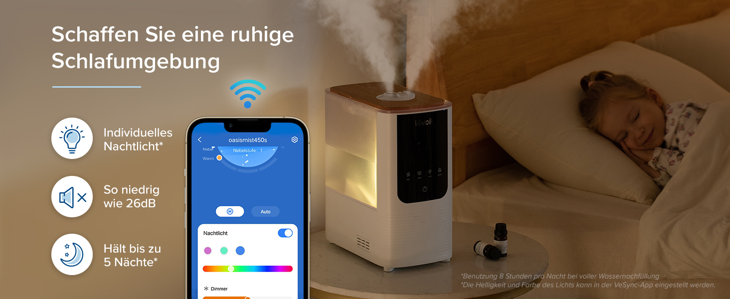 Levoit Зволожувач повітря Smart для великих приміщень 4.5 л, теплий/холодний пар, 550 мл/год, нічник, автовимкнення, білий