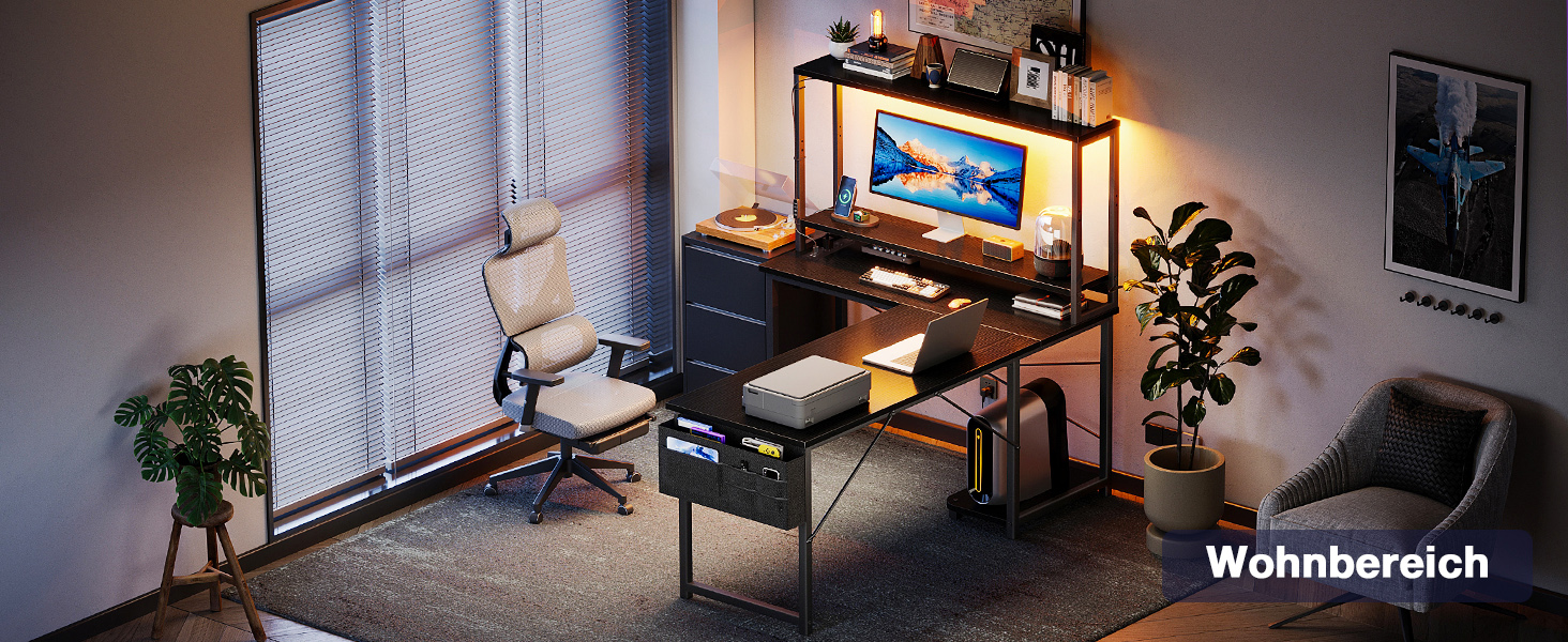 Ігровий стіл Coleshome L-подібної форми з LED підсвічуванням та розетками, 135 × 100 см. Реверсивний стіл з полицями для зберігання, ігровий кутовий стіл з сумкою для дому та геймінгу, чорний (135x100 см)