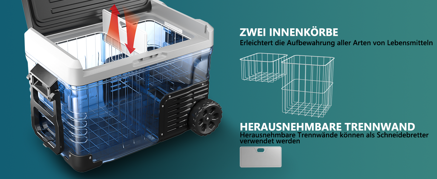 Автохолодильник EUHOMY 35л з Wi-Fi, 12/24V та 220V, портативний компресорний холодильник-морозильник (-20°C~20°C) з колесами та кошиками для подорожей, кемпінгу - чорний