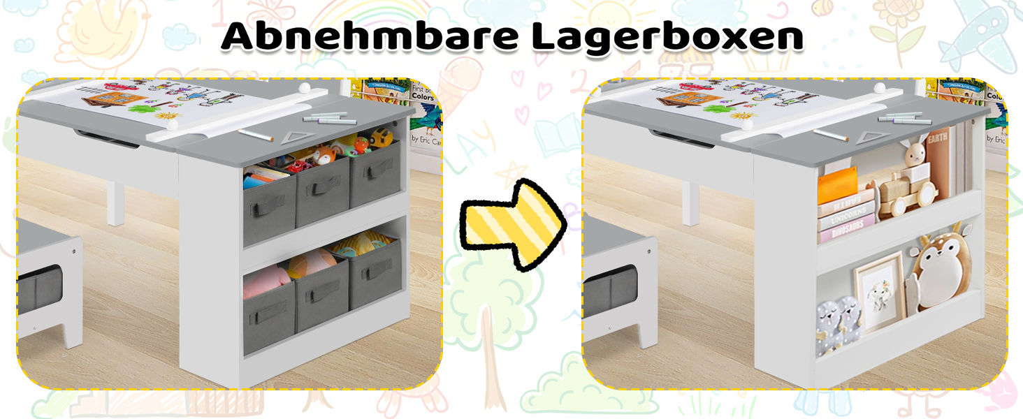 Дитячий стіл Kinder-Kunsttisch-Set з 2 стільцями: дерев'яний активний стіл для малюків з регульованою стільницею, відрами для фарб та 8 тканинними ящиками для зберігання (сірий/білий)