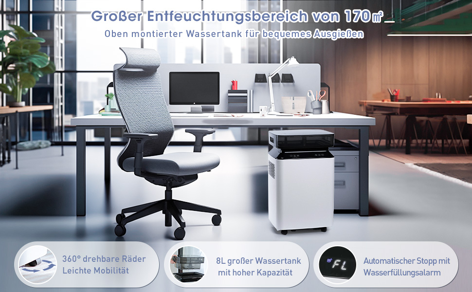 Електричний осушувач повітря з помпою: компресорний осушувач 80л/день, 8л бак, 400 м³/год, смарт гігростат, тихий, для підвалу/квартири/офісу/ванної кімнати/спальні, чорний & білий