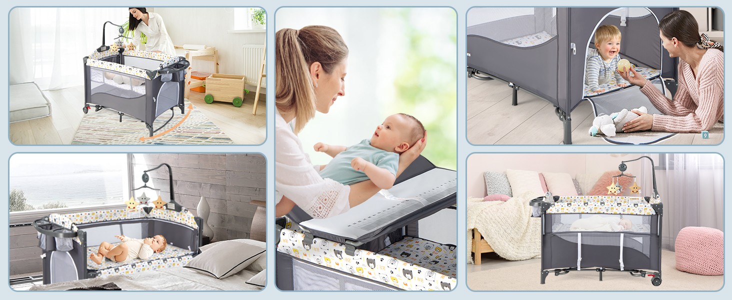 Дитяче ліжко-манеж DREAMADE 5 в 1 з матрацом, з колесами та пеленальним столиком, з музичною іграшкою, 110x76 см, для новонароджених, з сумкою для перенесення (зелений, кольоровий)