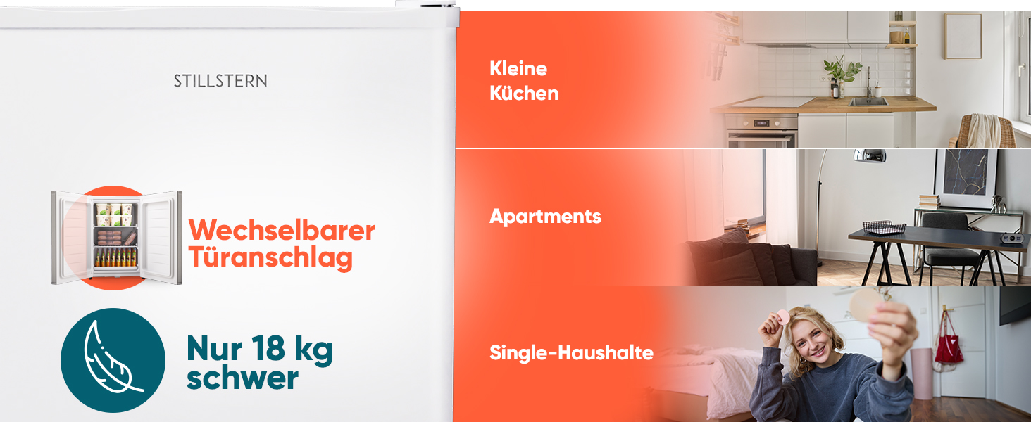 Stillstern Міні морозильник 42L -18°C з формою для льоду, замком, змінним напрямком відкривання дверцят, 4-зірковий глибокий заморожувач для кемпінгу/офісу. Срібний колір.