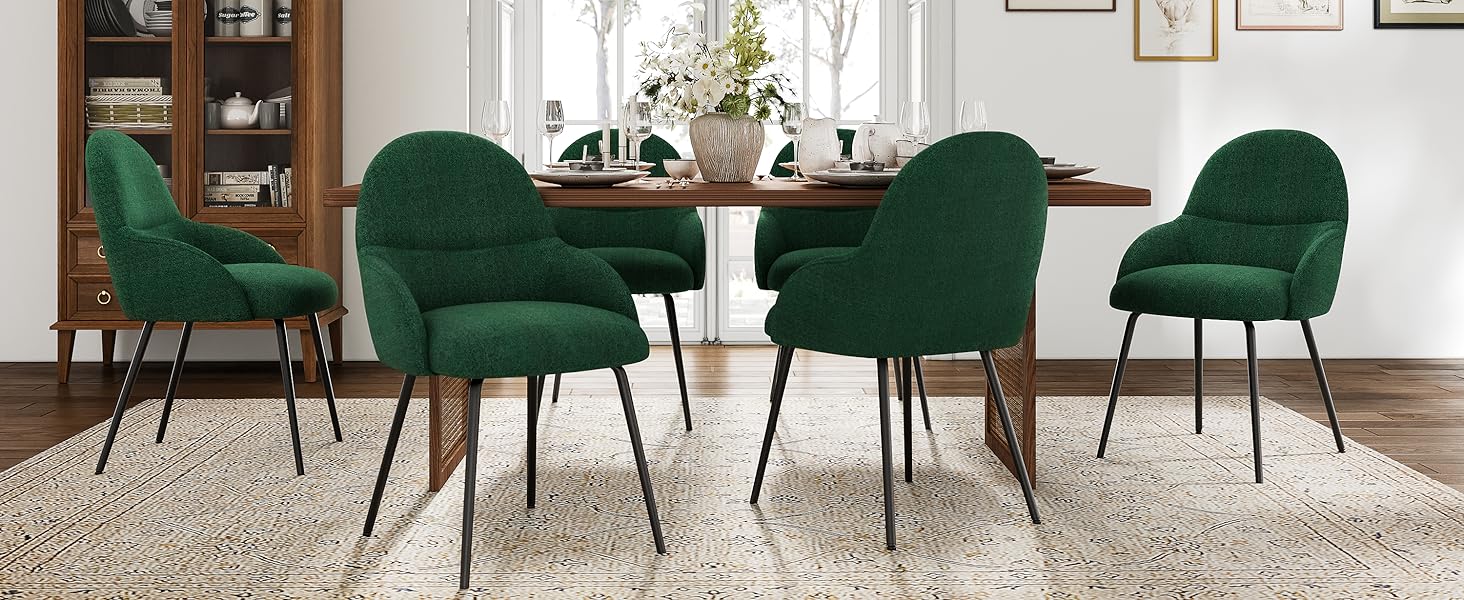 Набір обідніх стільців з підлокітниками – 6 шт. Ергономічні м'які стільці з тканинним покриттям та металевими ніжками для кухні, вітальні, їдальні, Бежевий (Leinen Tannengrün)