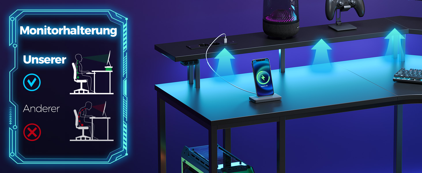 Ігровий кутовий стіл Seventable L-подібний з LED підсвіткою та розетками, 3 ящики, чорний 135x135x88 см