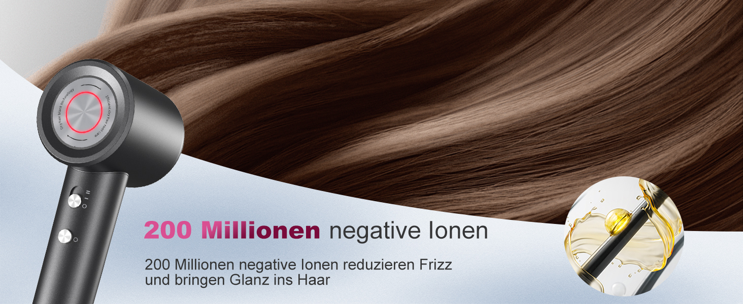 Професійний фен для волосся 1600W з безщітковим двигуном 110,000 об/хв, 200 млн іонів та дифузором, компактний дорожній фен, сірий