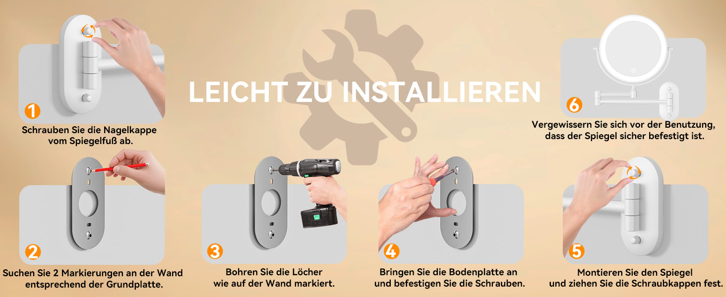 Дзеркало для макіяжу Auxmir з підсвічуванням, 1x, перезаряджуване, з підсвічуванням для гоління, настінне, з регулюванням яскравості, збільшувальне (30x), 3 кольори світла, поворотне на 360°, для ванної кімнати (білий)