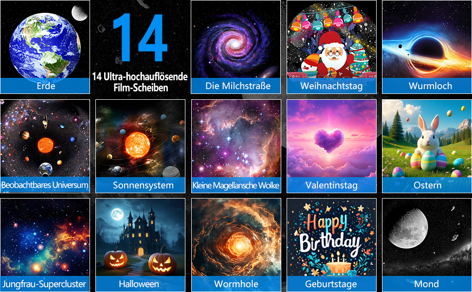 Проектор нічного неба Sternenhimmel Home Planetarium: лампа-проектор зірок та галактики для дітей та дорослих, 14 дисків з планетами, Місяцем та тематичними сценами для спальні