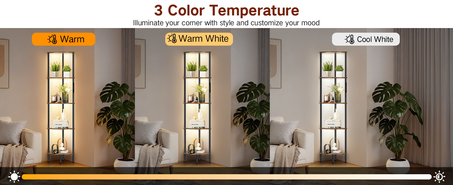 LED торшер з полицею, 3 режими світла, димування (сенсор/пульт), кутова полиця 5 рівнів, вузька книжкова шафа для вітальні, спальні, офісу, чорний