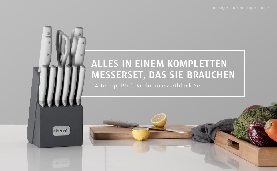 Набір ножів Hecef 14 предметів з дерев'яним блоком, професійний набір кухонних ножів з нержавіючої сталі, з шліфувальником, ножицями та ножем для стейка (сірий)