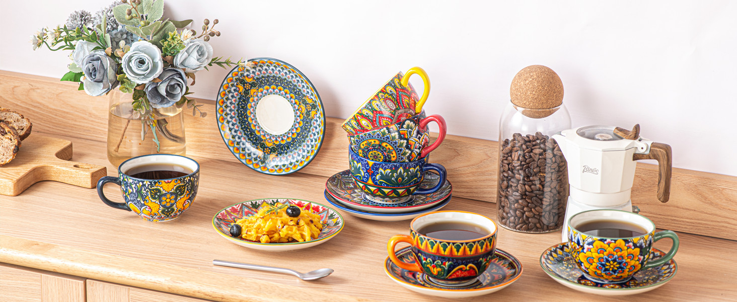 Кавовий сервіс Henten Home з порцеляни, 6 чашок, 250 мл, ручної роботи, набір для 6 осіб. Включає чашки та блюдця