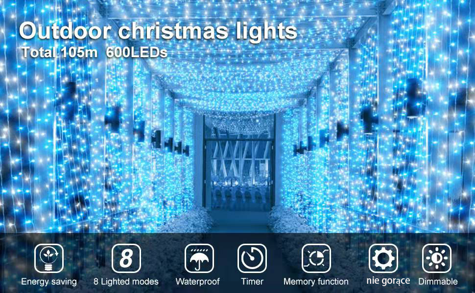 Гірлянда святкова 100 метрів, вологостійка, для дому та саду, з пультом та таймером, 8 режимів, біла/блакитно-біла