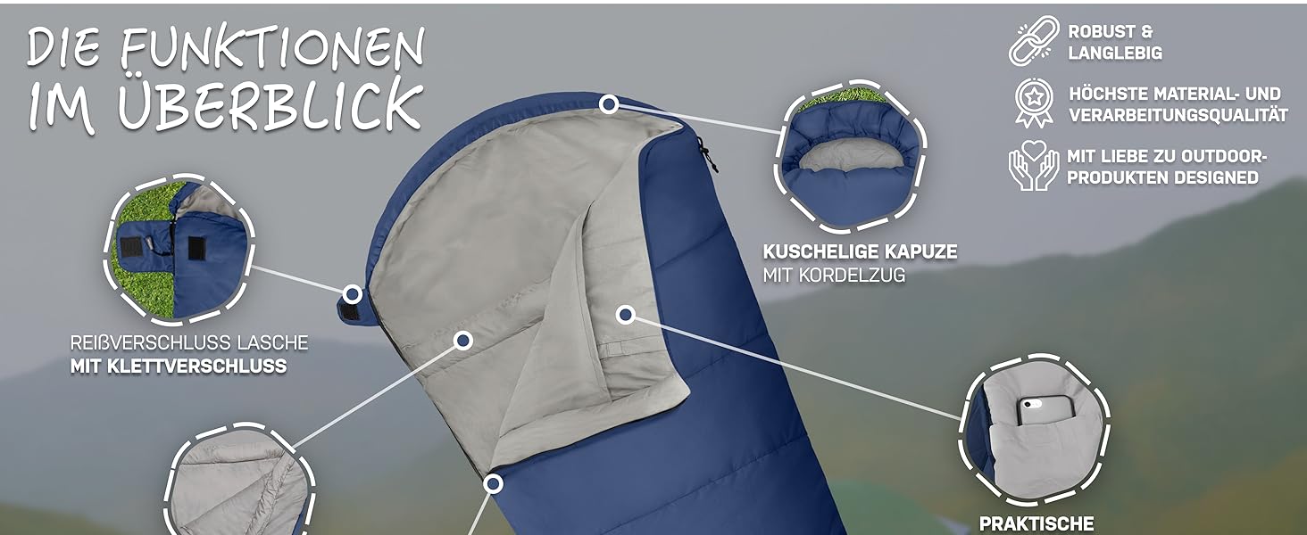 NORDBÄR® Спальний мішок 3 сезони, ультралегкий 750г/1500г, для кемпінгу та подорожей, тип мумія, компактний, 100GSM/300GSM, літній туристичний спальник