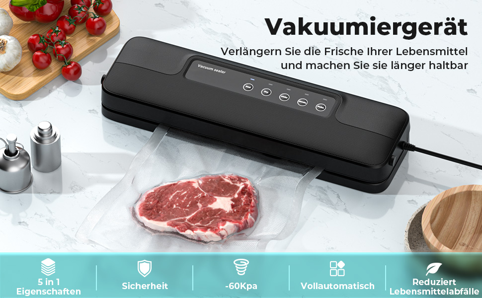 Вакууматор 5 в 1 для продуктів, вакуумний пакувальник з 10 пакетами та шлангом, пристрій для запаювання пакетів (шов 30 см)