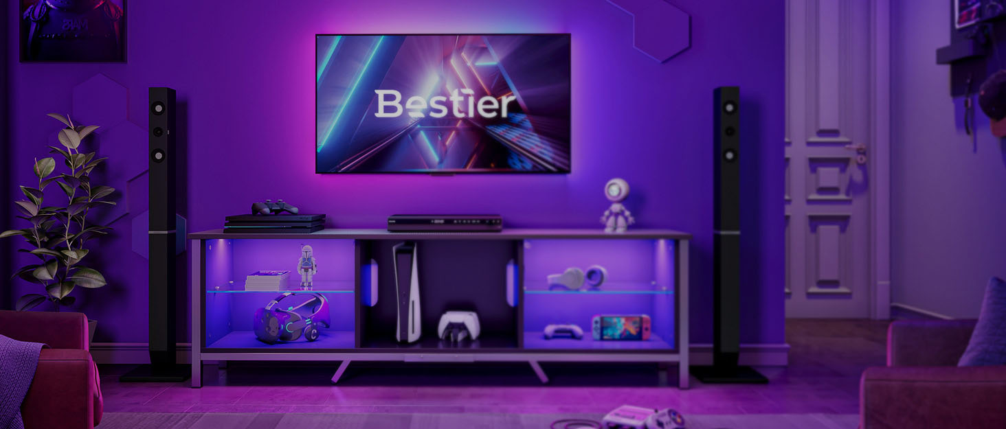 Тумба під телевізор Bestier 145x35x52 см для телевізорів до 65 дюймів з RGB LED-підсвічуванням (22 кольори) та регульованими скляними полицями - низький комод для вітальні, спальні (чорний карбон)