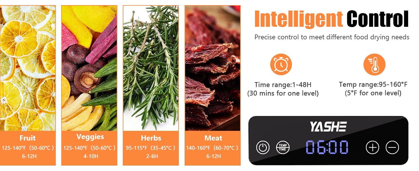 Електричний дегідратор YASHE з нержавіючою сіткою, 5-ярусний, 400W, з таймером для м'яса, фруктів, овочів, трав та собачих ласощів. 5 ярусів з нержавіючої сталі